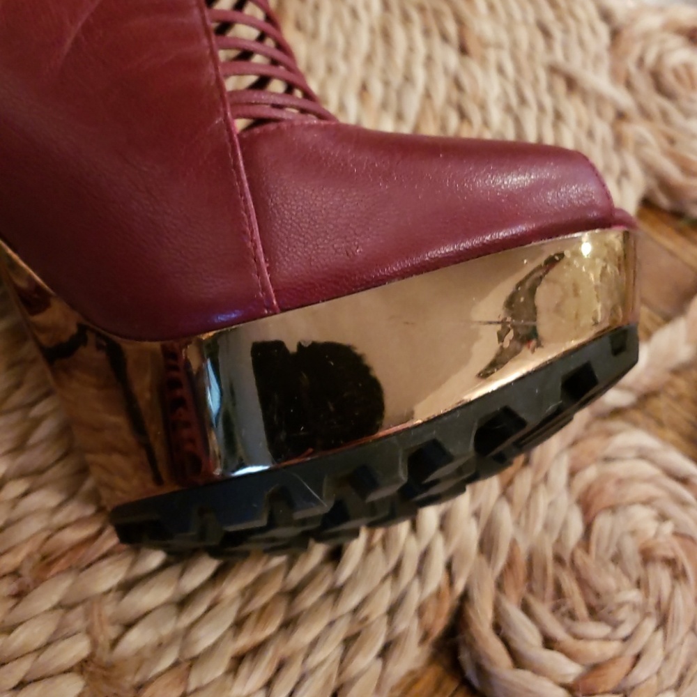 Peeptoe Oxblood Bootie Tassel Platform Heels - Picture 7 of 8